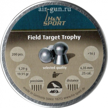 Пули пневматические H&N Field Target Trophy 6,35 мм 1,29 грамма (200 шт.) headsize 6,35 мм